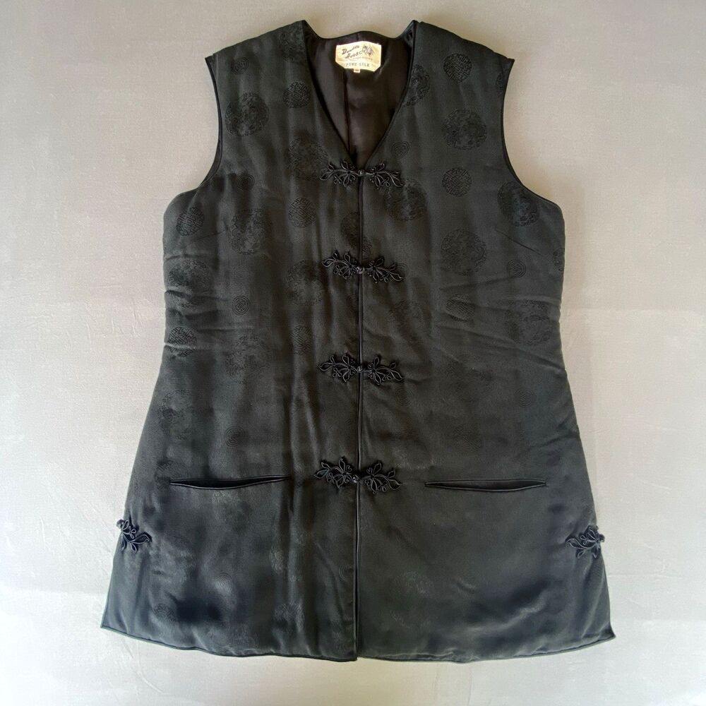 Double Horse Pure Silk Women's Black Padded Vest Chinese Frog Closures Medium